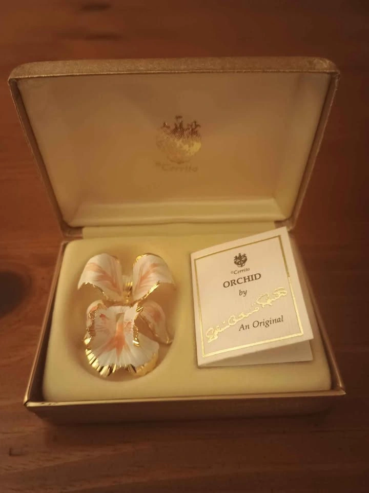 Vintage Cerrito Peach Enamel Orchid Brooch Pin Signed NOS - photo 2