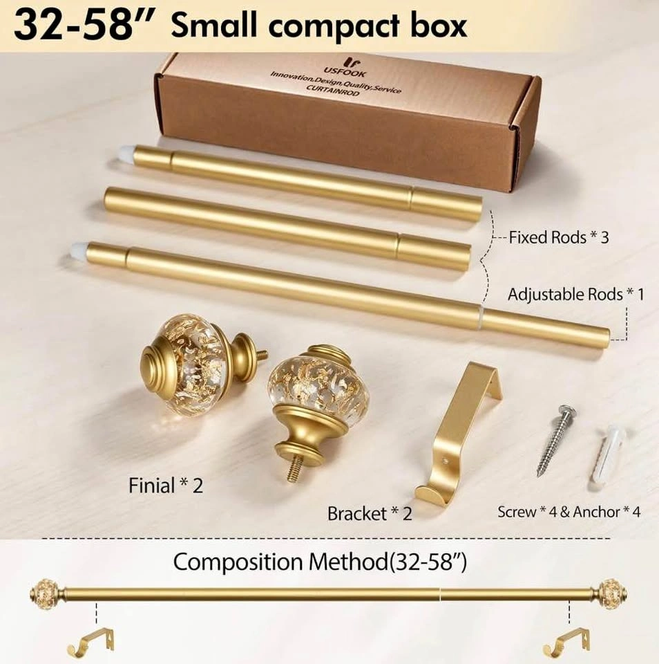 Brand New Gold Adjustable Curtain Rod 32-58" - Glass Ends
