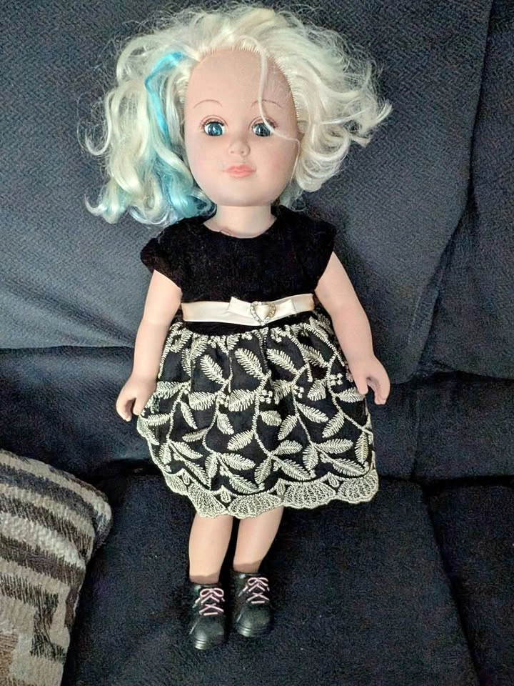 18-Inch Blonde Doll with Blue Hair Streaks in Party Dress