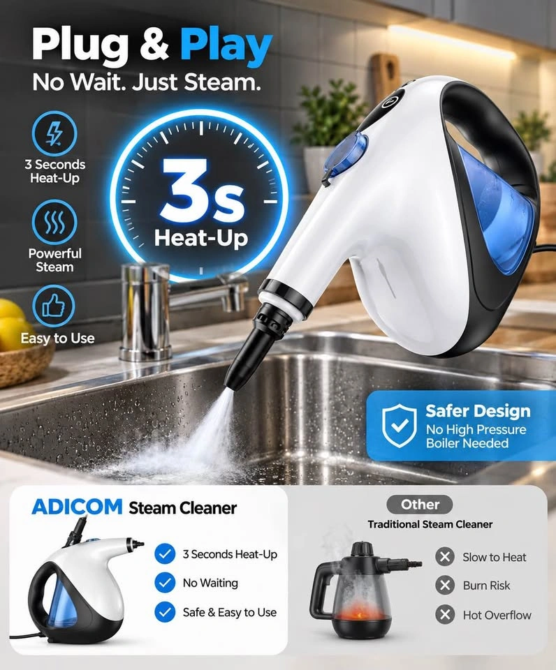 ADICOM Handheld Steam Cleaner – 3-Second Heat Up + 13 Accessorie - photo 3