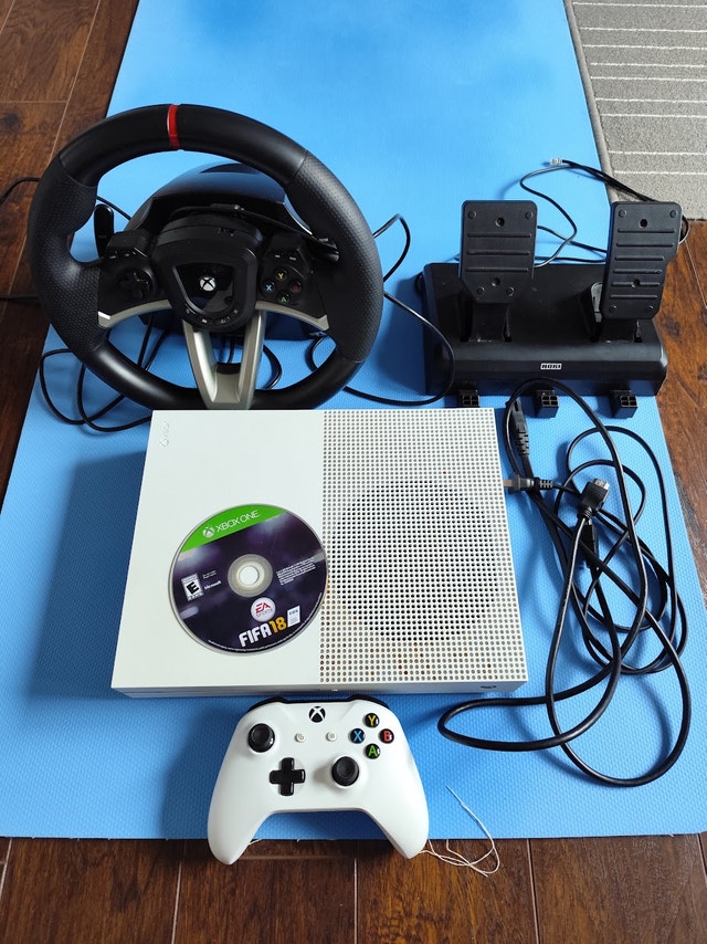 Xbox One S with Games and Racing Wheel