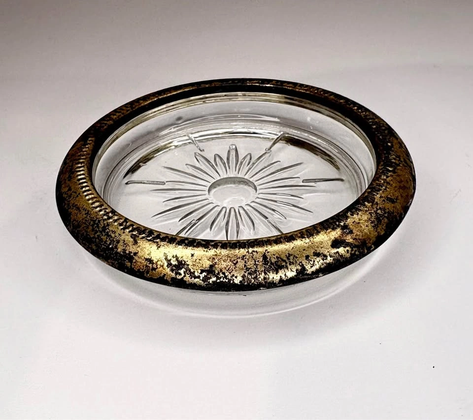 Vintage Glass Coaster with Ornate Metal Rim