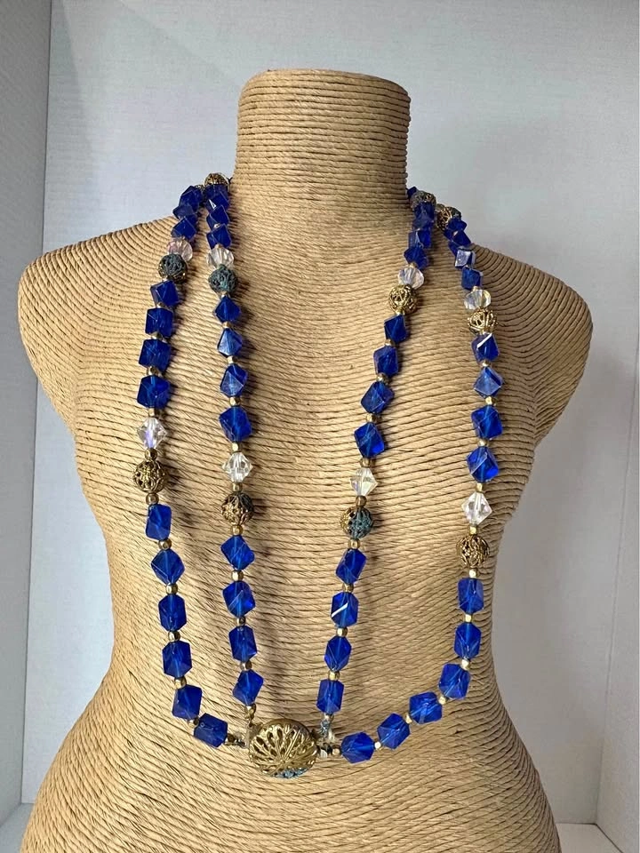 Vintage Multi-Strand Blue Glass Bead Necklace