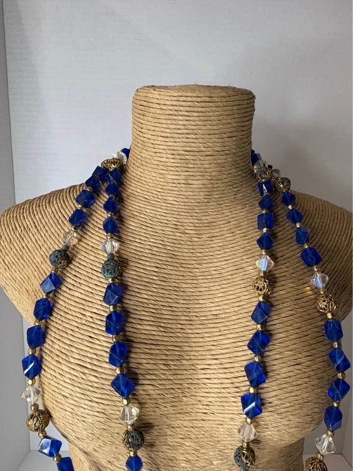 Vintage Multi-Strand Blue Glass Bead Necklace - photo 2