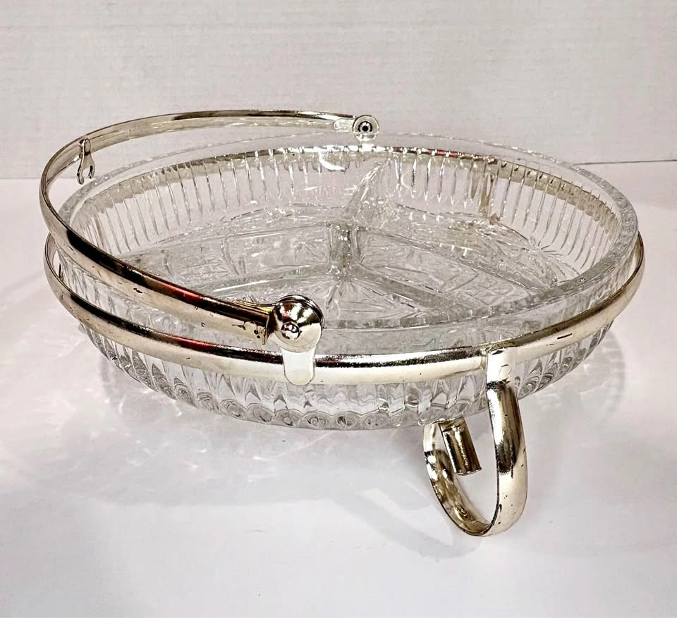 Vintage Cut Glass 3-Section Relish Dish with Silver-Plated Stand