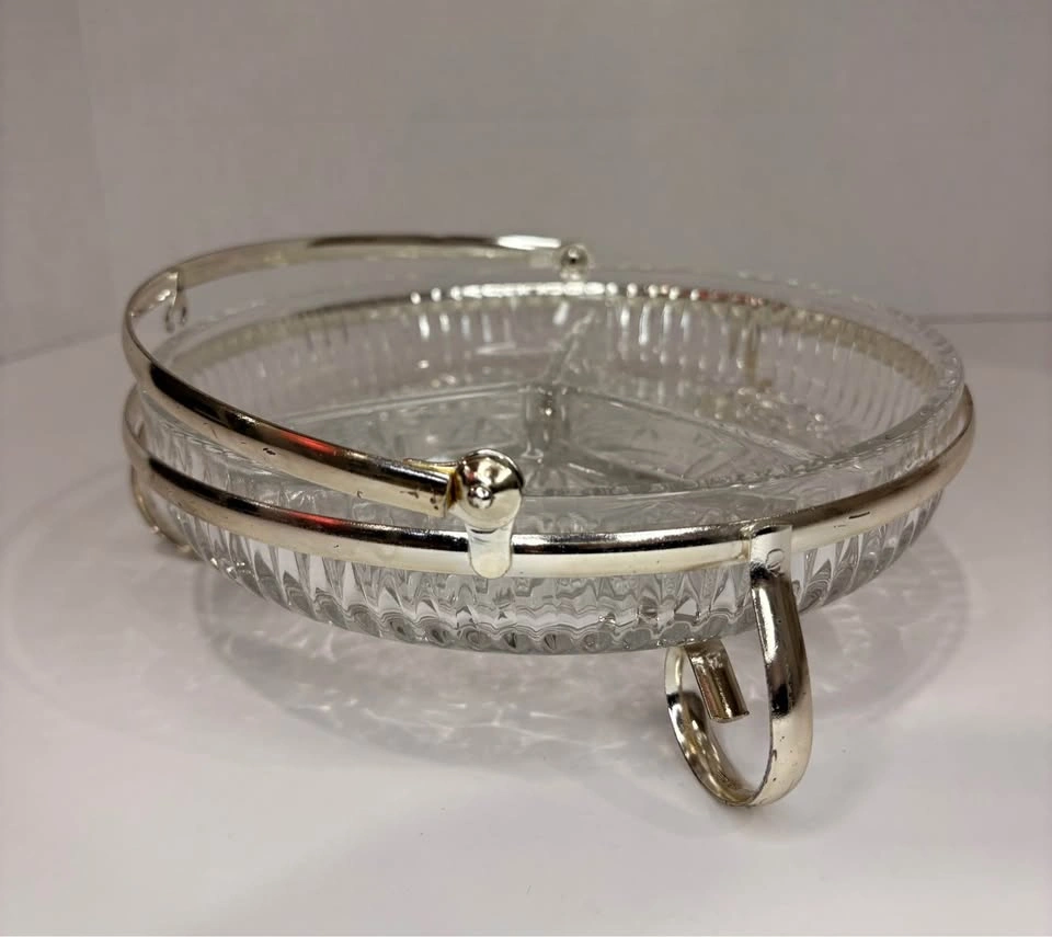 Vintage Cut Glass 3-Section Relish Dish with Silver-Plated Stand - photo 2