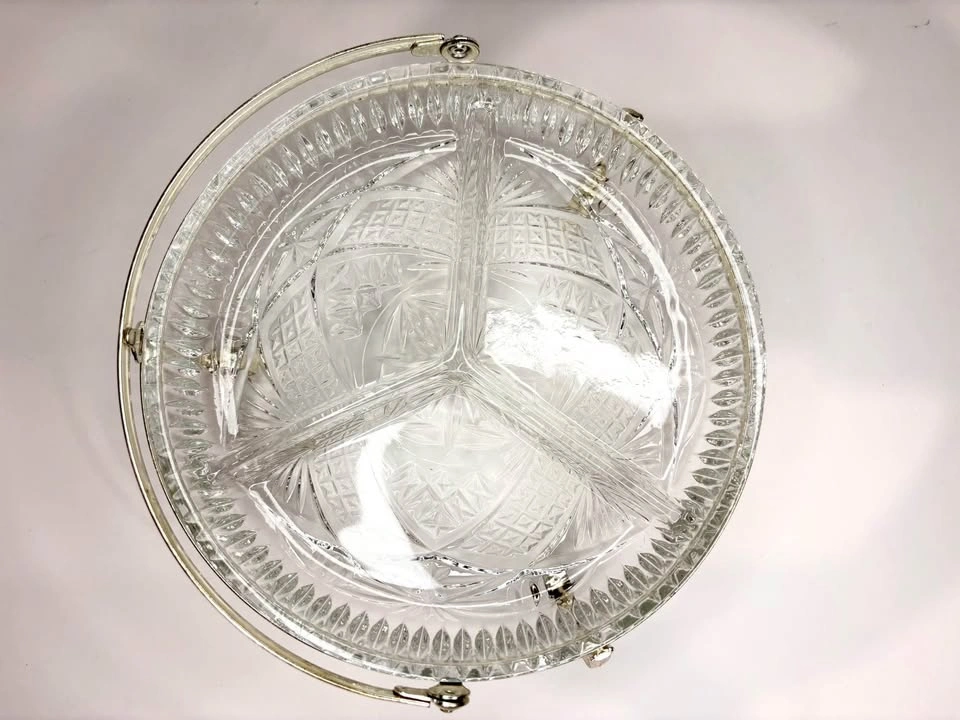 Vintage Cut Glass 3-Section Relish Dish with Silver-Plated Stand - photo 3