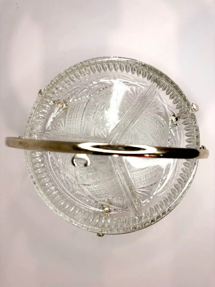 Vintage Cut Glass 3-Section Relish Dish with Silver-Plated Stand - photo 4