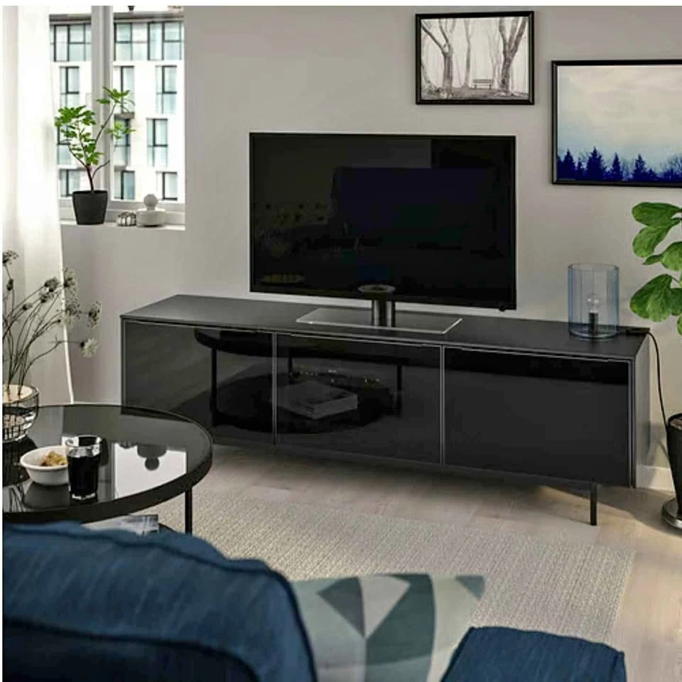 New Ikea RANNÄS TV bench, stand, black/black glass