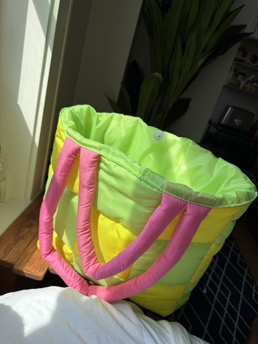 Fruit Riot! Quilted Puffer Checkered Tote Bag Green Yellow Pink - photo 2