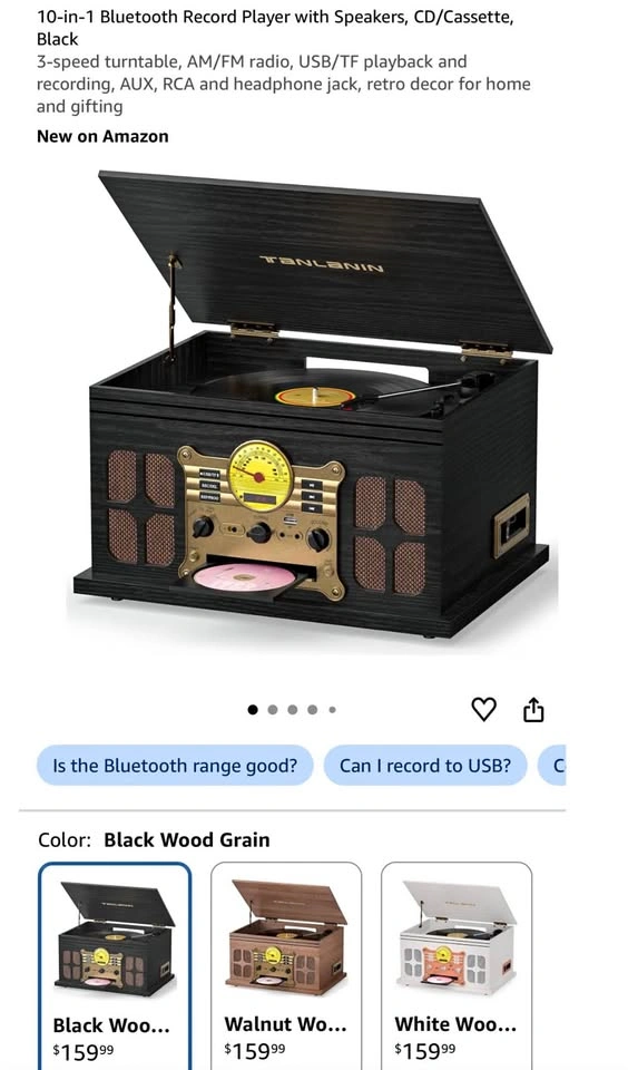 10-in-1 Bluetooth Record Player with Speakers, CD/Cassette