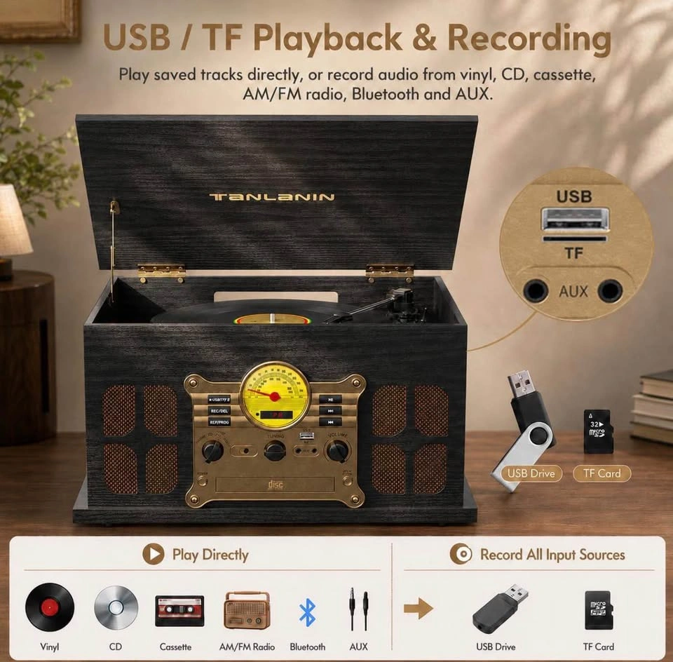 10-in-1 Bluetooth Record Player with Speakers, CD/Cassette - photo 5