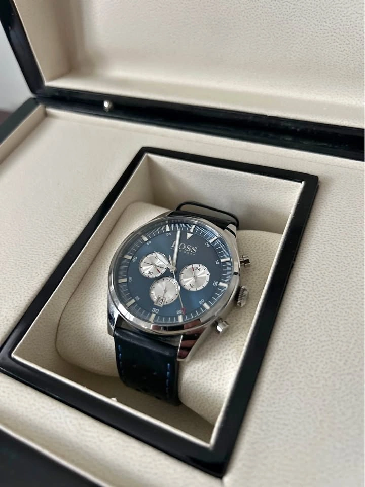 BOSS Pioneer Chronograph Blue Dial / Custom Black Leather Strap