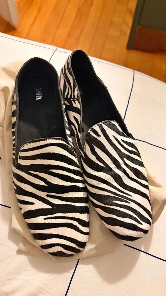Zara Zebra Print Faux Fur Leather Loafers Size 38