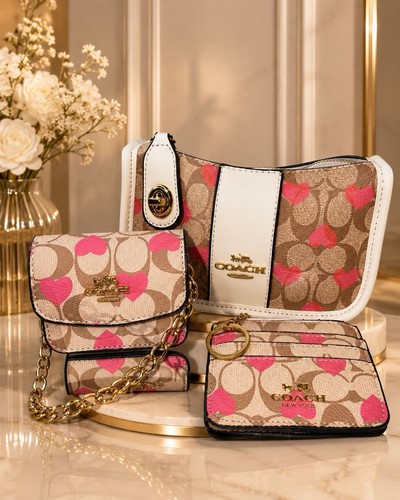 Coach Women’s 3-Piece Accessory Set Beige Signature Logo Heart L