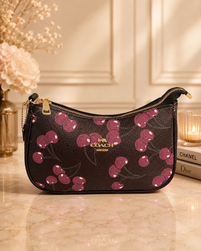 Coach Pebbled Cherry Print Zip Wristlet Small Gold Hardware