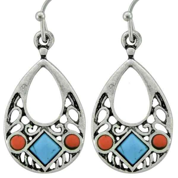LIVING LEGENDS- SIMULATED TURQUOISE & CORAL TEARDROP EARRINGS