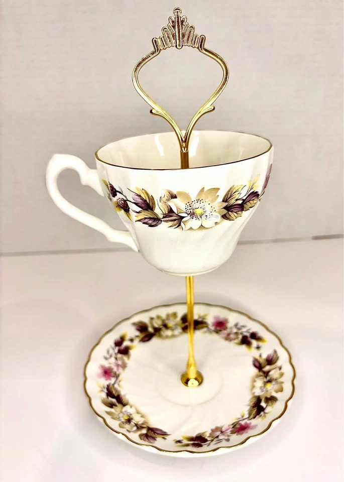 Vintage Floral Teacup and Saucer Tiered Jewelry Stand