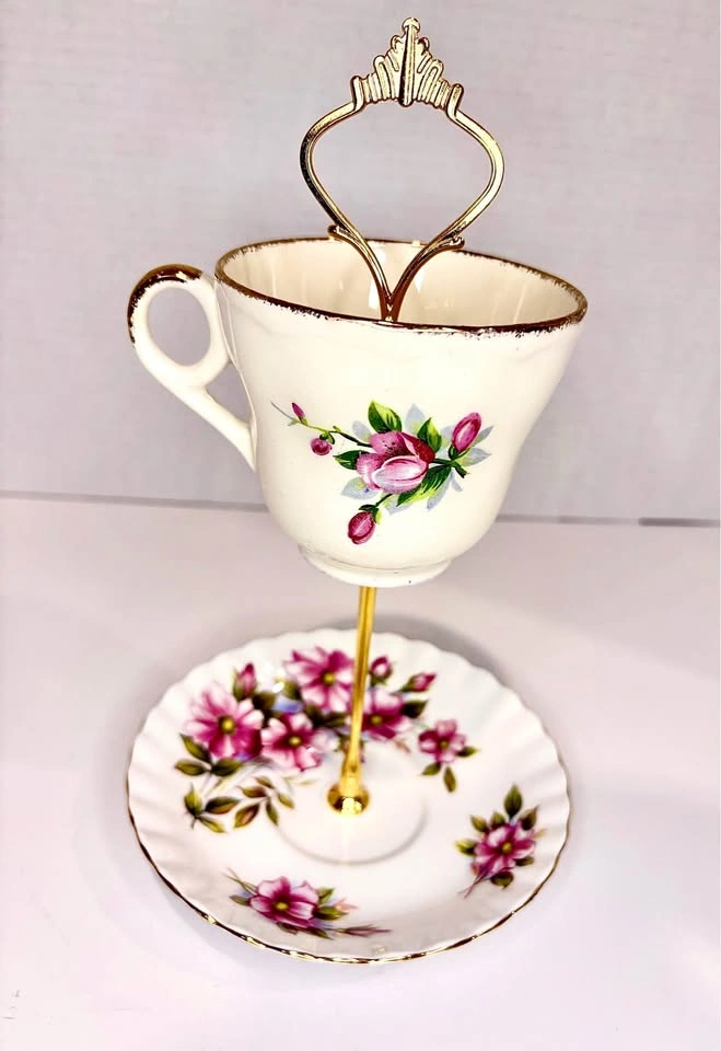 Tiered Floral Teacup and Saucer Jewelry Stand