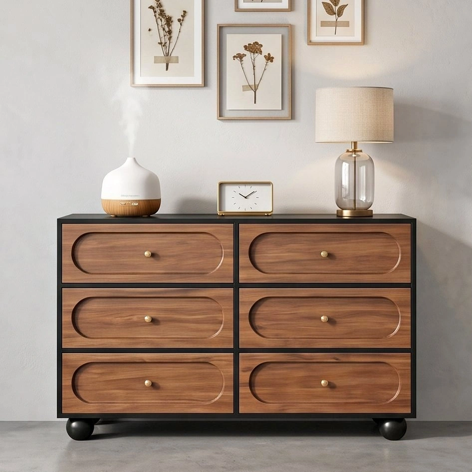 Modern Black & Walnut 6-Drawer Chest