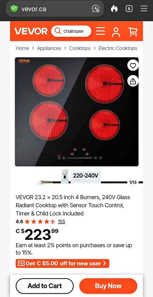 Vevor Glass Radiant Cooktop (Brand New)