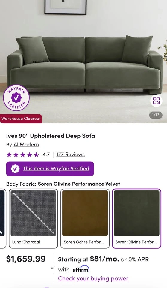WayFair All Modern Ives 90" Sofa | Olive Green Velvet - photo 5