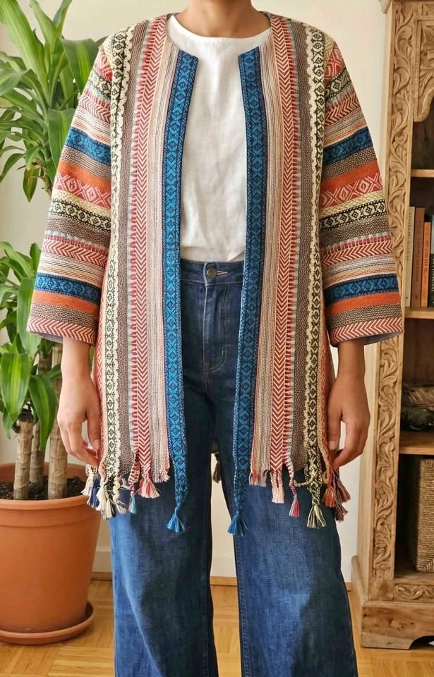 Zara Woman Multicolor Tapestry Fringe Kimono Jacket - Size XL