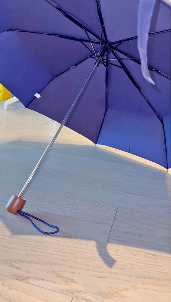 Navy Blue Compact Umbrella with Wood Handle