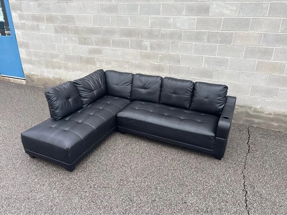 Black Leather Sectional Sofa with Cup Holder - photo 2