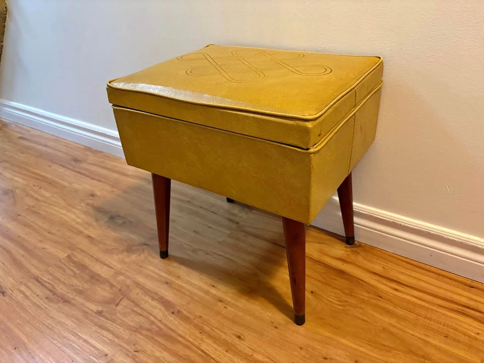 Vintage Mid-Century Vinyl Storage Ottoman / Footstool
