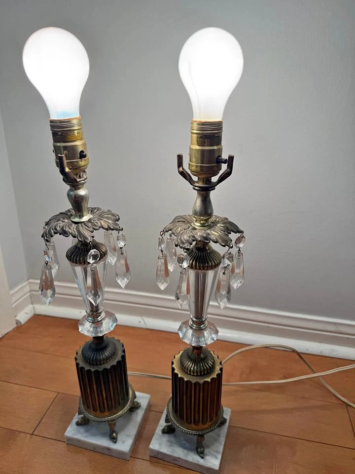 Vintage Brass and Crystal Table Lamps with Marble Bases - Pair