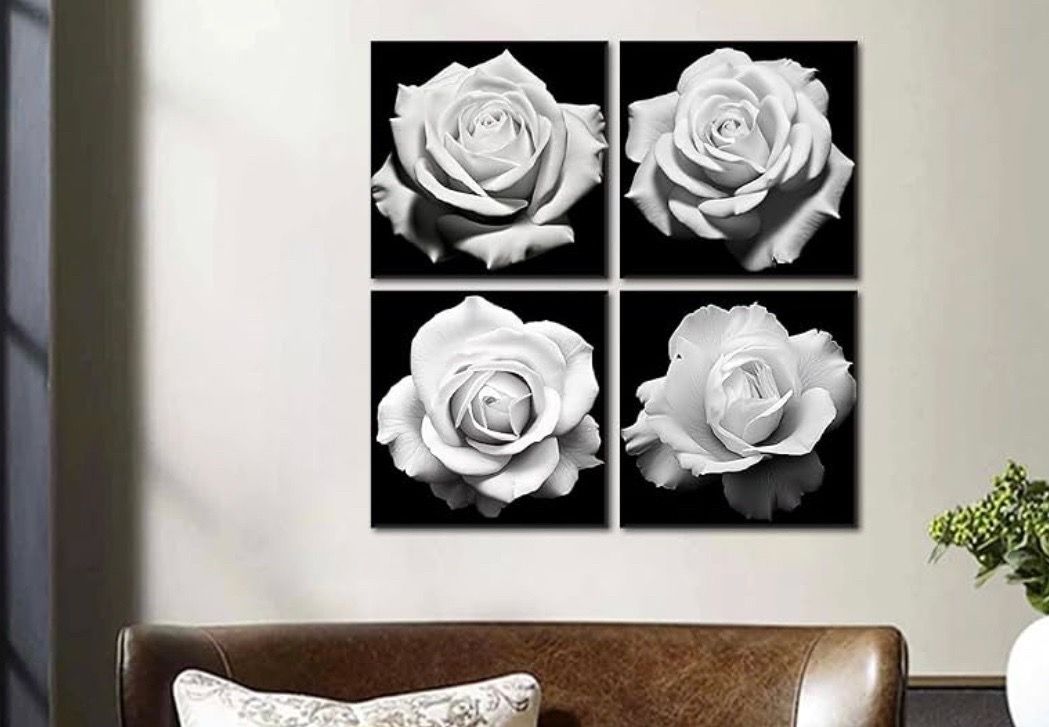 4-Panel Black and White Rose Canvas Wall Art
