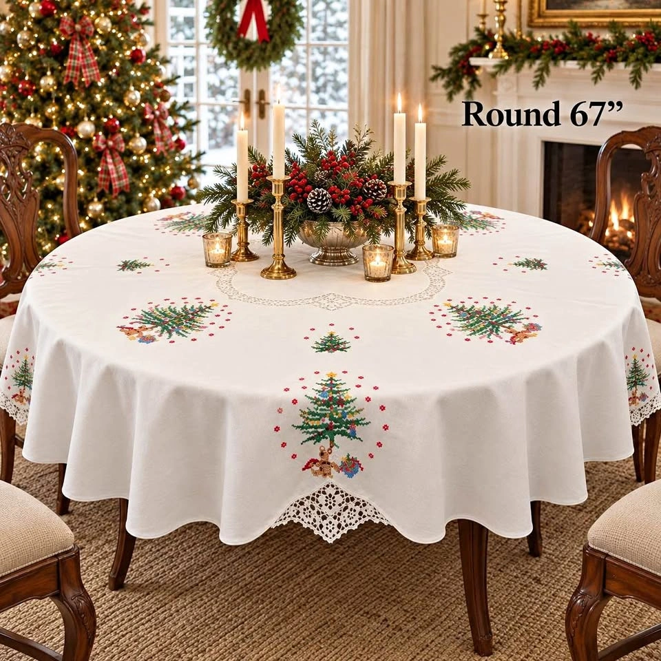 Table Cloth Vintage X Mas Cross-Stitched Round 67”