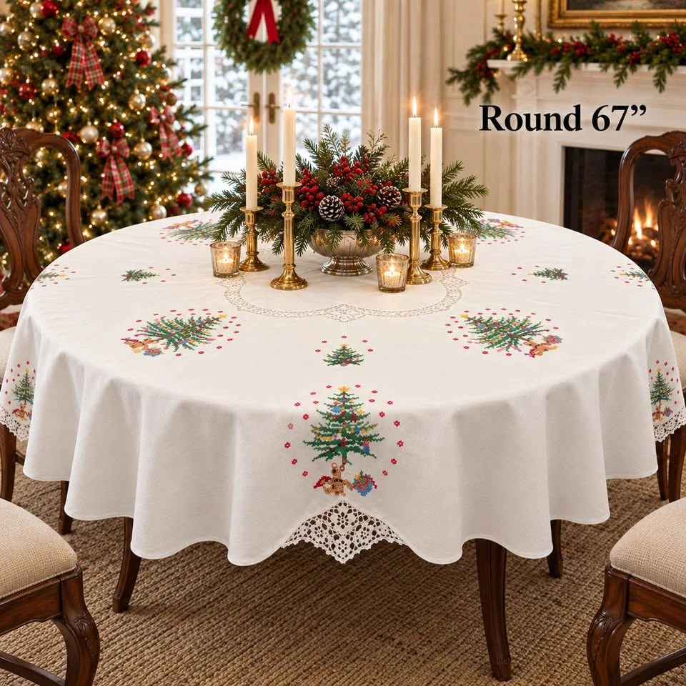 Table Cloth Vintage X Mas Cross-Stitched Round 67” - photo 2
