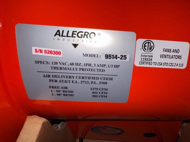 Allegro Industries 9514-25 8" Axial AC Metal Blower with 25' Duc - photo 3