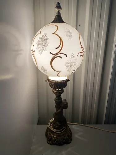 Table Lamp, MCM, Brass Cherub, Frosted Glass, Vintage, Germany