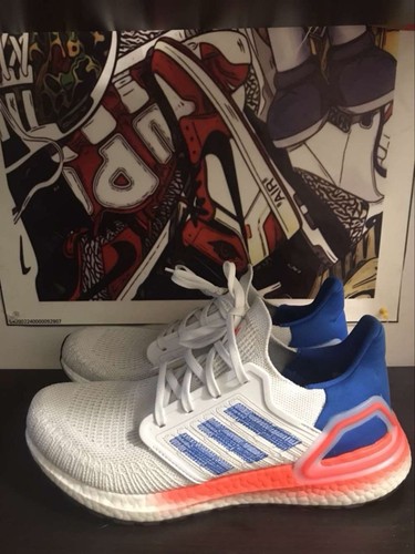 Adidas Ultra Boost 20 White Glory Blue Solar Red Size 8.5