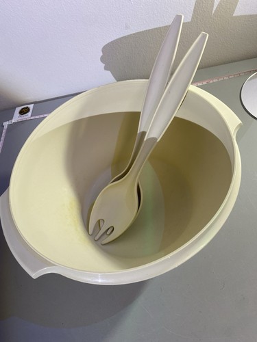 Vtg Tupperware Almond Salad Set — Bowl, Servers, and Six Bowls