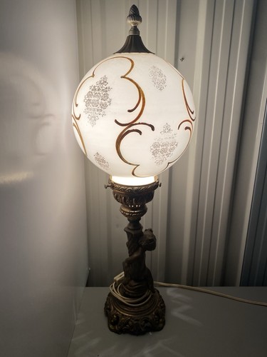 Table Lamp, MCM, Brass Cherub, Frosted Glass, Vintage, Germany
