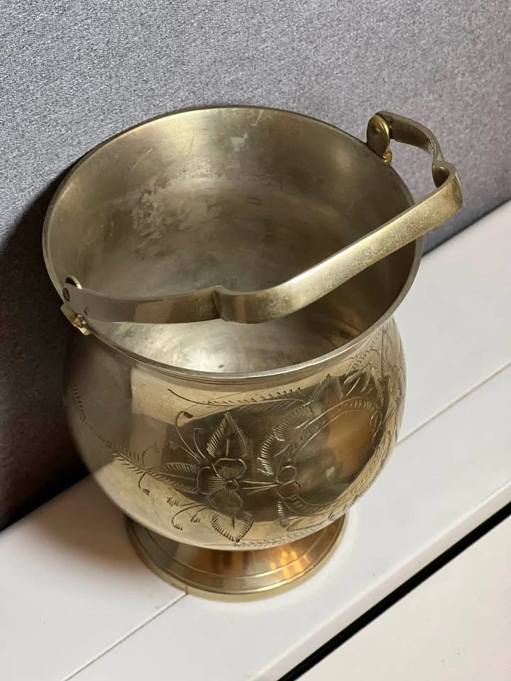 Vintage Hand-Etched Solid Brass Bucket Pot / Ice Bucket - photo 5