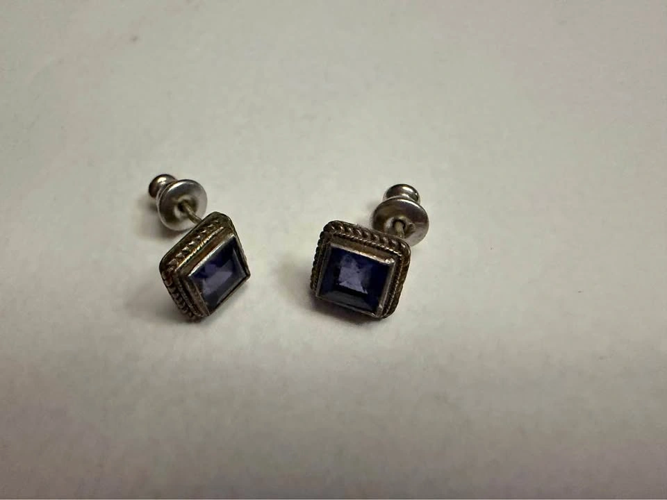 Square Blue Stone Stud Earrings