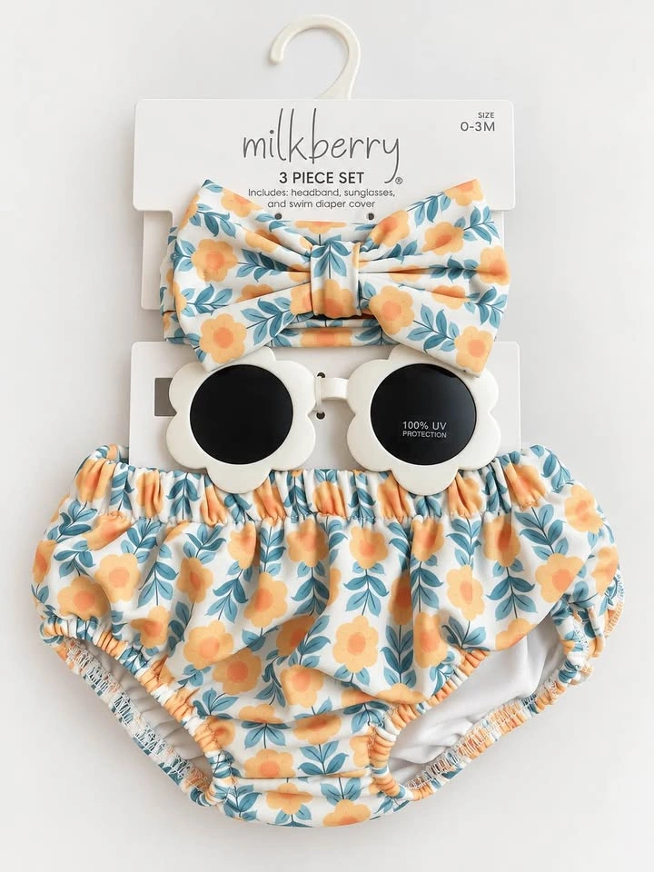 Brand new - Milkberry 3 Piece Set Swim Diaper Cover, Headband, a
