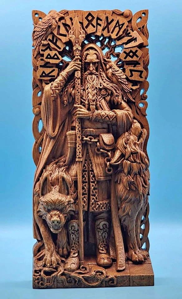 VGC ODIN FIGURINE 15.7" Norse Warrior Deity Oak Wood Decor