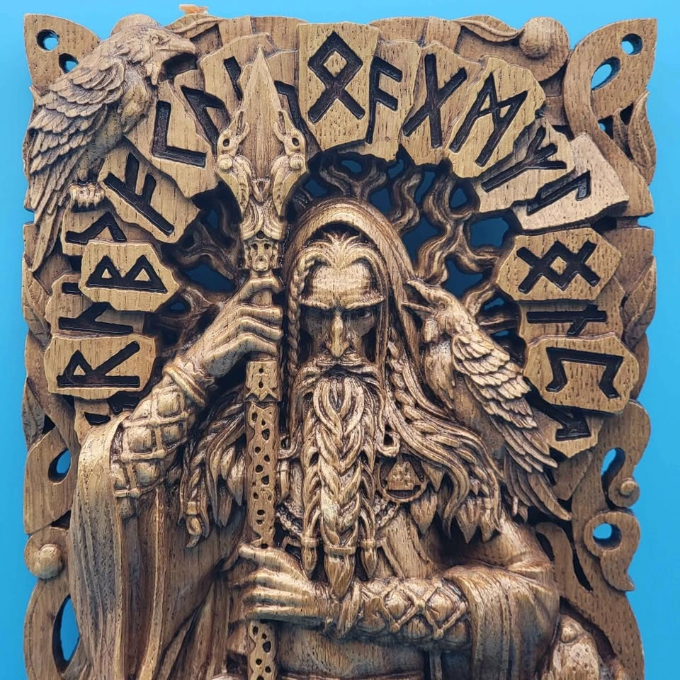 VGC ODIN FIGURINE 15.7" Norse Warrior Deity Oak Wood Decor - photo 2
