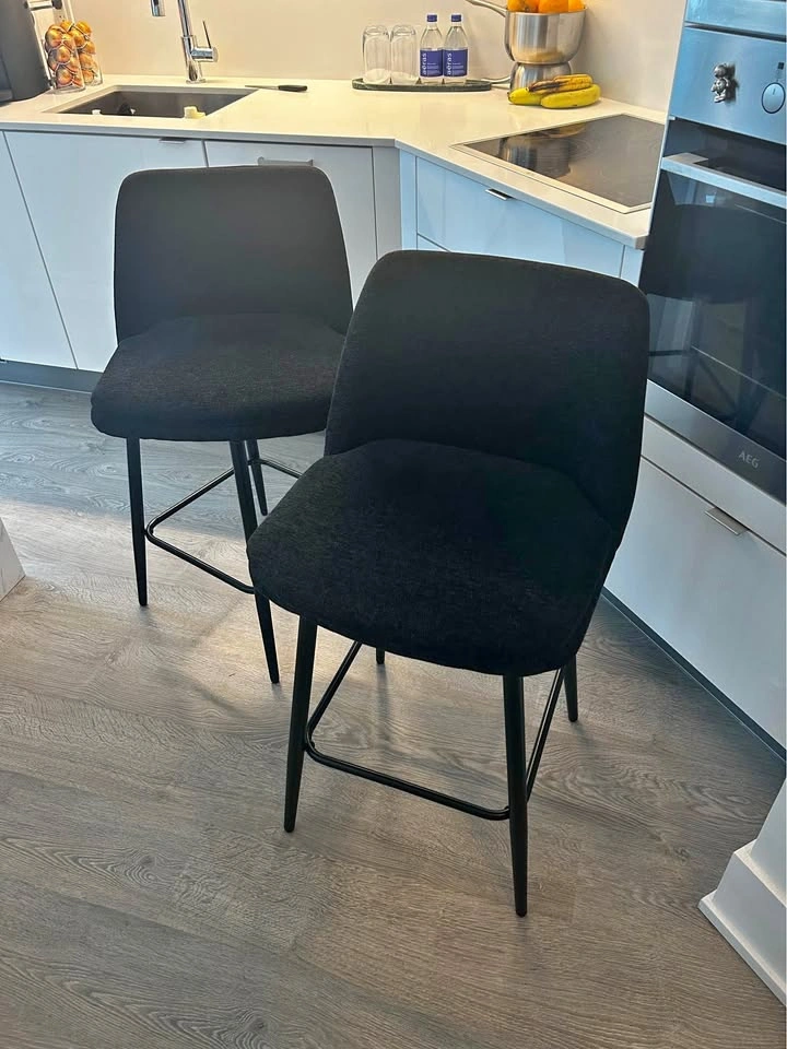 Two Black Swivel Chenille Counter Stools