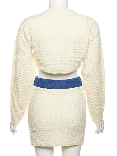 Women's 2 Pcs Set Denim Patch Design Knitted O-neck Short Pullov - photo 4