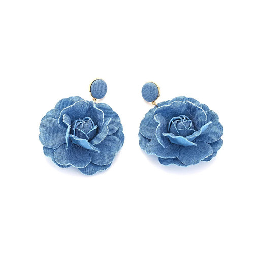 Handmade denim flower earrings vintage fabric rose flower earrin - photo 2