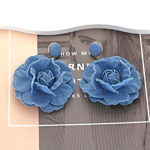 Handmade denim flower earrings vintage fabric rose flower earrin - photo 3