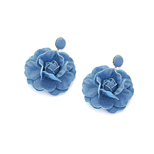 Handmade denim flower earrings vintage fabric rose flower earrin - photo 4