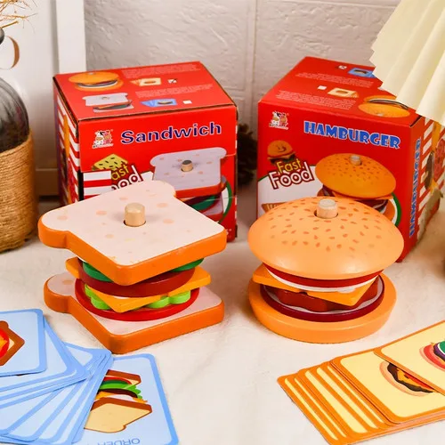 Baby Wooden Simulation Burger, Sandwich, and Food Set